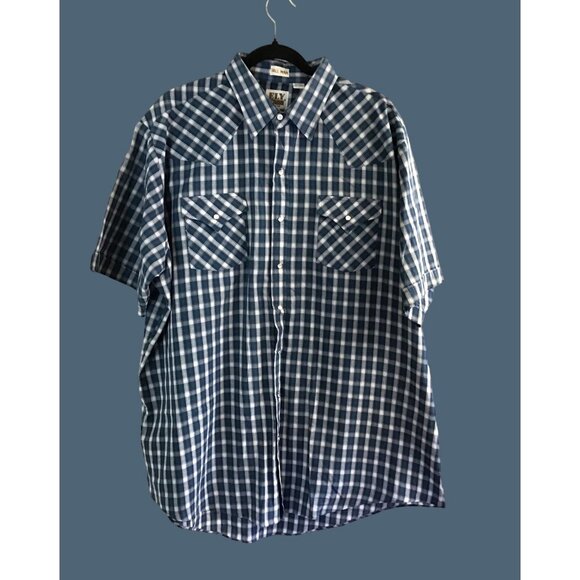 ELY CATTLEMAN -MENS BLUE PLAID BUTTON-DOWN SHORT SLEEVE TALL MAN SHIRT SIZE 2XLT - Picture 1 of 7